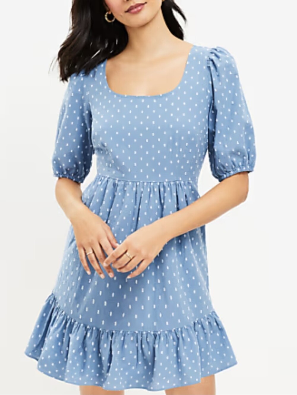 Ann Taylor LOFT Blue Mini Dress White Dot Ruffled Tie Back 12 Petite NWT